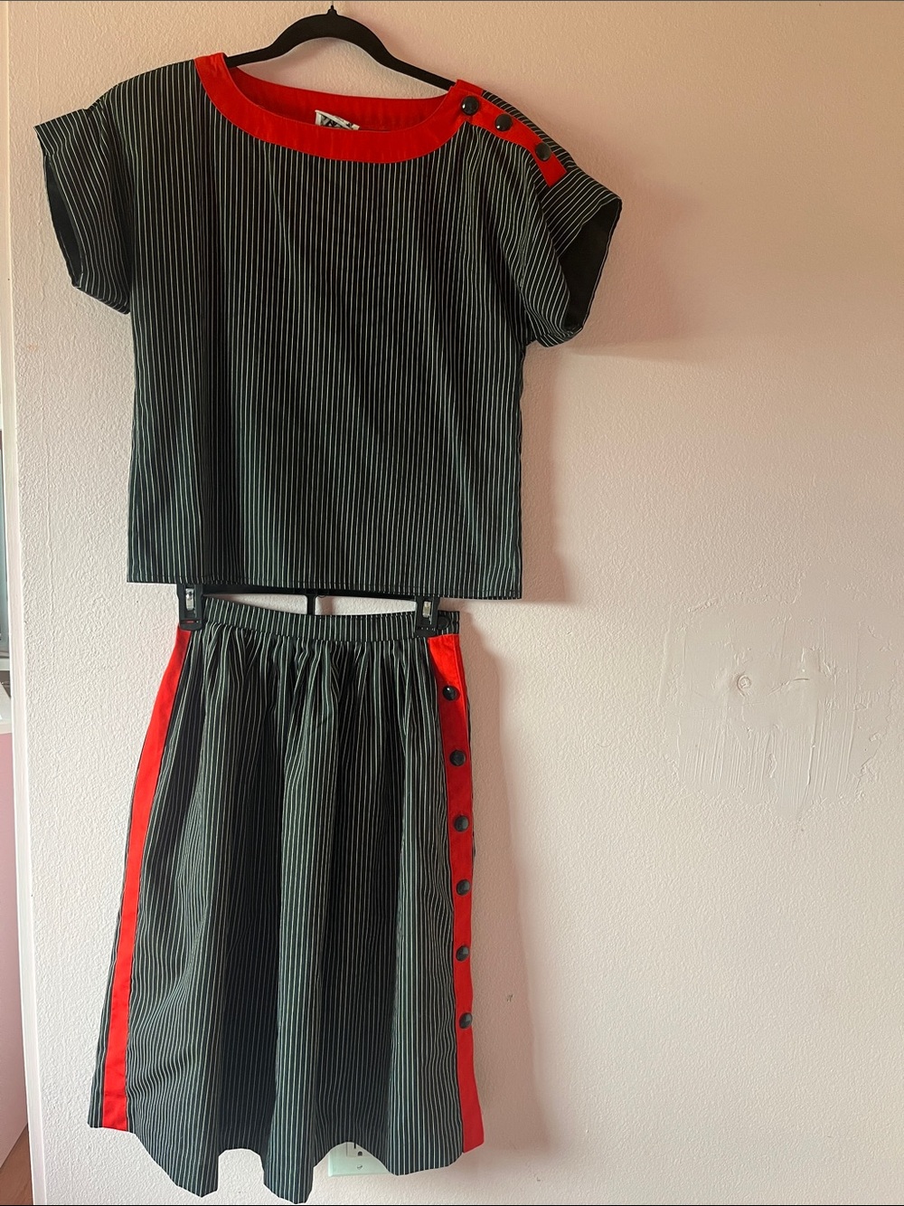 VINTAGE! 80’s NR1 by Ned Gould Black Pinstripe Two-Piece Set with Red Trim